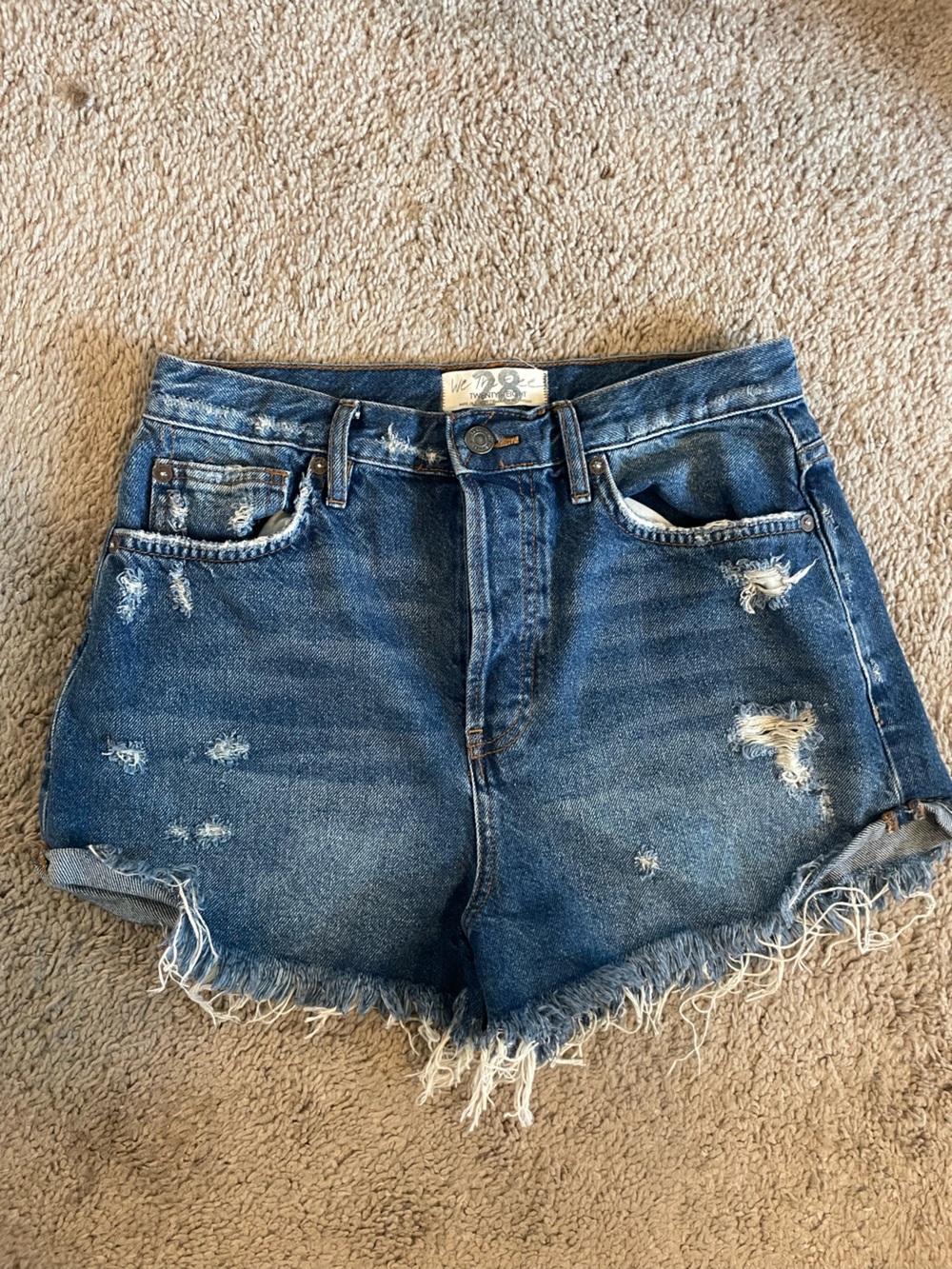 Free People We the Free Distressed High-Rise Denim Cutoff Shorts - Blue